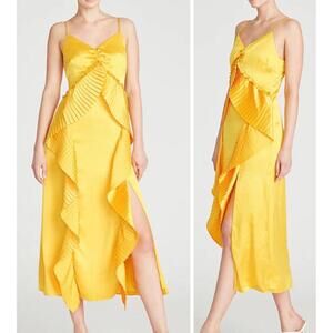 AMUR Leena Cami Satin Slip Pleated Ruffle Midi Dress NWT